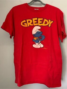 Smurfs Greedy Graphic T-Shirt Red Cartoon Tee Y2K Style Medium 2010